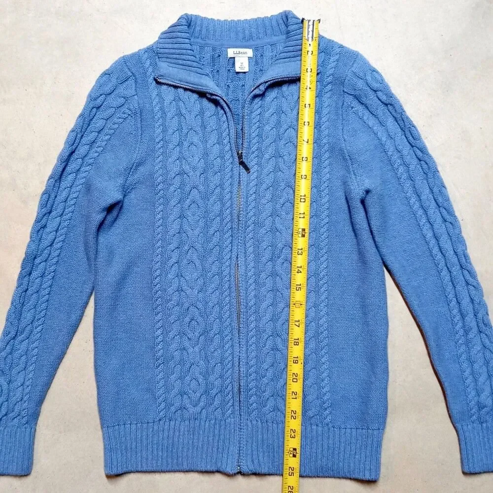 LL Bean Cotton Cardigan Sweater Women MEDIUM Full Zip Cable Knit Fisherman